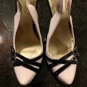 Shoe dazzle pink w black belts slingback heels
